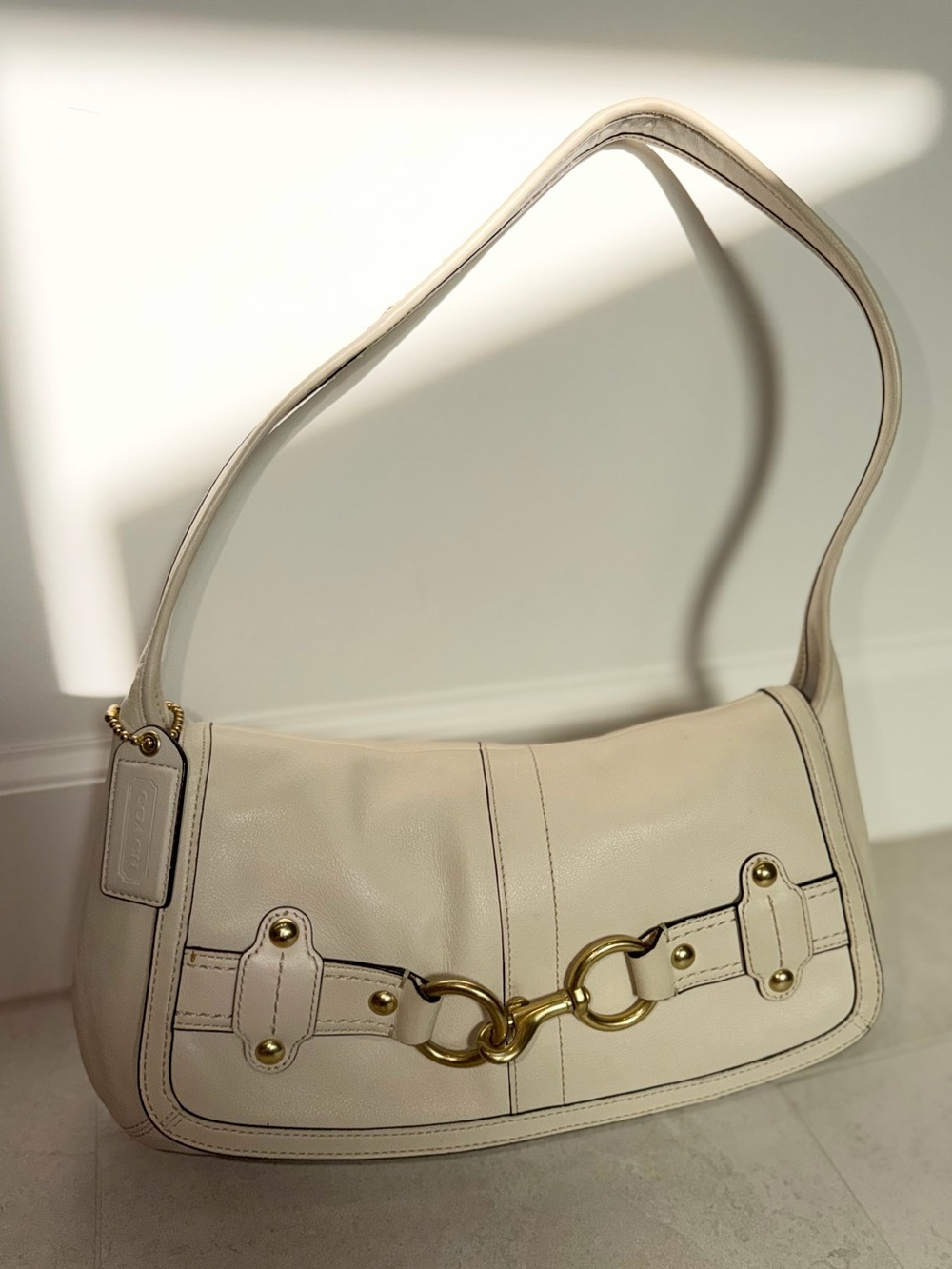 Coach Cream Leather Belted Ergo Flap Shoulder Bag with Gold Hardware